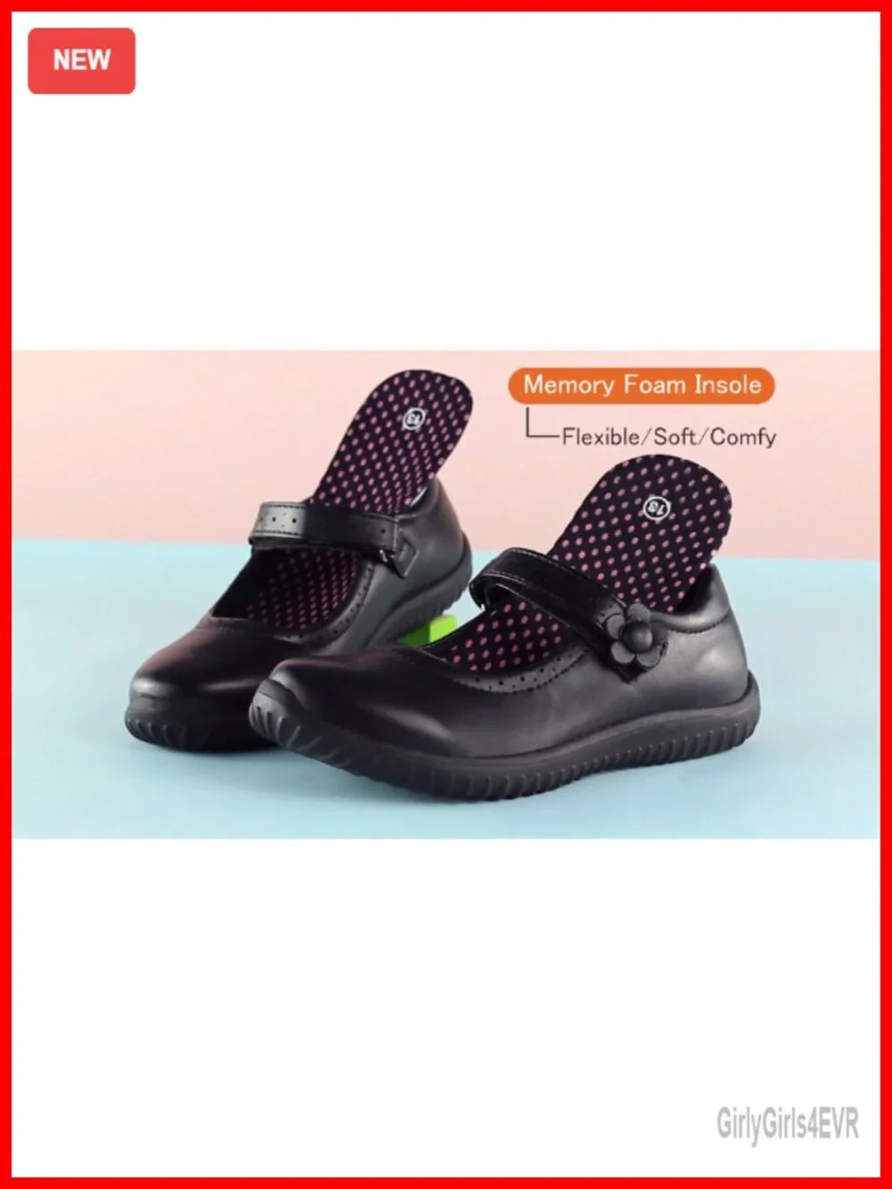 Girl's Mary Jane School Uniform Shoes, Hook & Loop Strap, Lightweight,